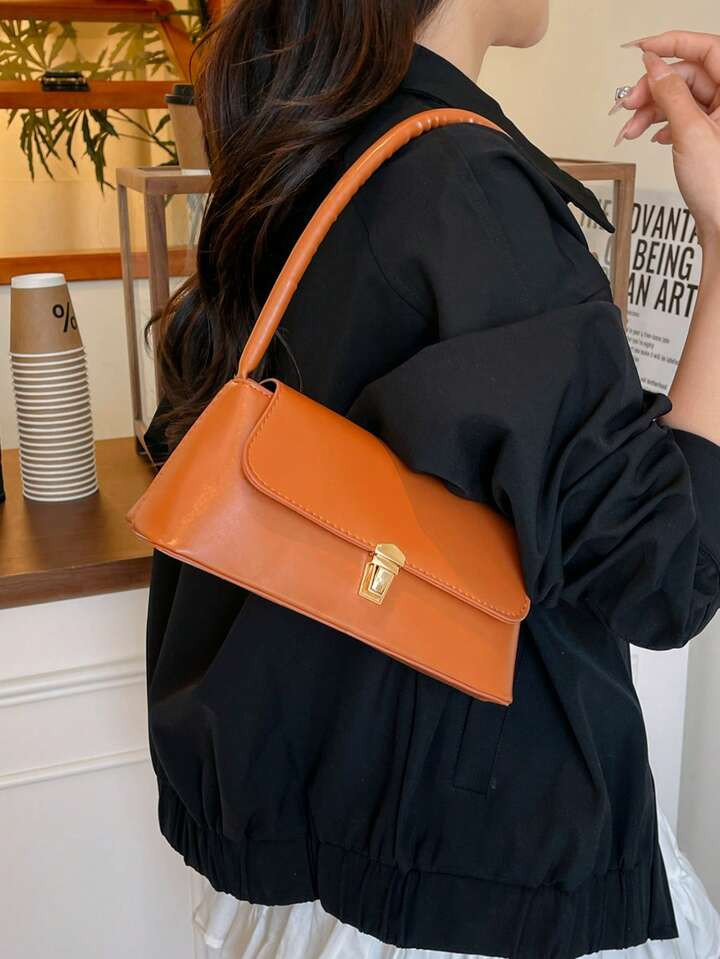 Bolso De Hombro De Mujer De Estilo Vintage Con Decoración De Cerradura De Metal Y Piel Sintética Suave, Bolso Baguette De Concha, Nuevo Bolso Pequeño Cuadrado Para Mujer | SHEIN