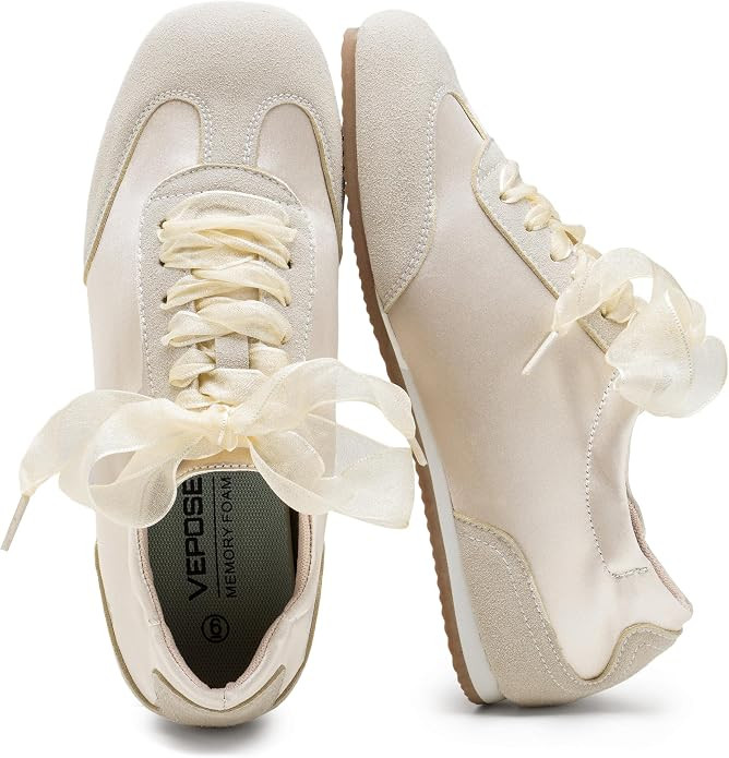 Vepose Women's Square Toe Ballet Sneakers, Dressy Satin Lace-Up Trainers | Amazon (US)