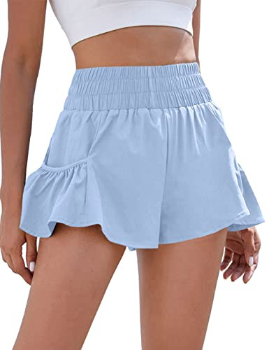 BMJL Womens High Waisted Shorts Athletic Running Shorts Workout Gym Quick Dry Flowy Shorts with Pockets(S,Sky Blue) | Amazon (US)