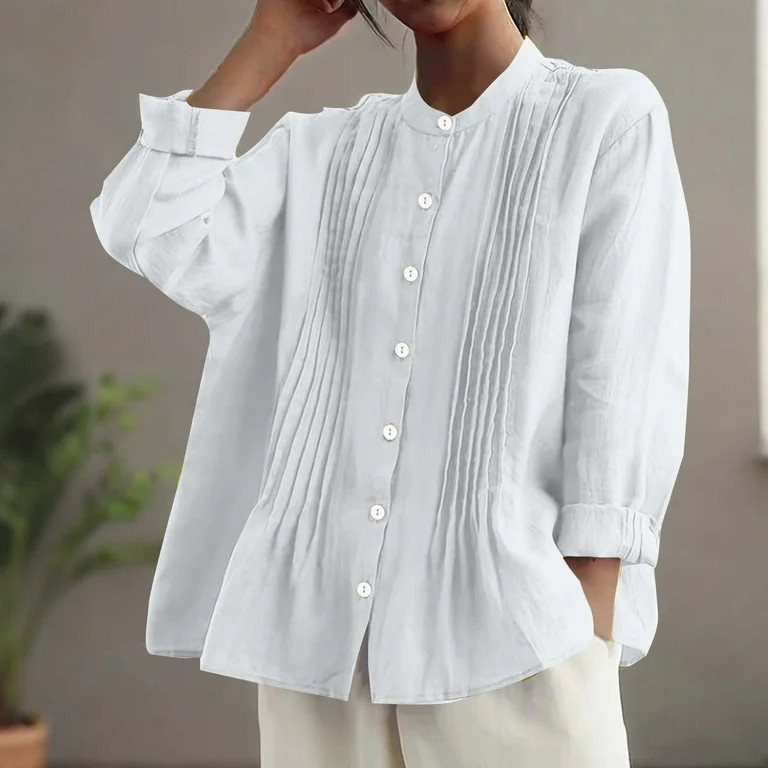 Mittory Womens Cotton Linen Button Down Shirts Pleated Long Sleeve High Neck Loose Fit Work Blous... | Walmart (US)