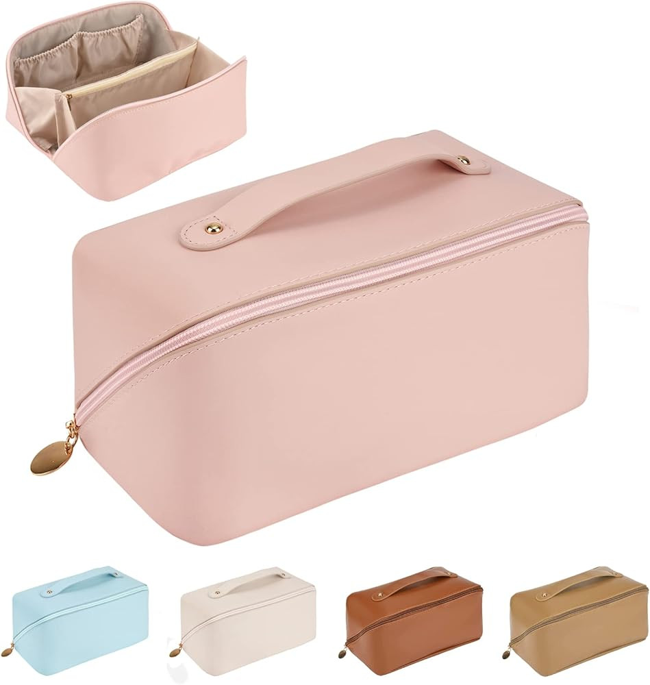 Large Capacity Travel Cosmetic Bag, PU Leather Portable Makeup Bag, Ladies Make Up Bag Zipper Bag... | Amazon (UK)