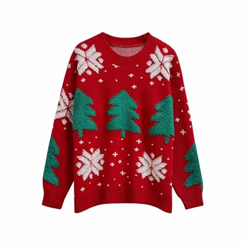 CHICWISH Christmas Sweater for Women Snowflake Christmas Tree Knit Sweatshirt Xmas Shirt Crewneck Pullover Red | Amazon (US)