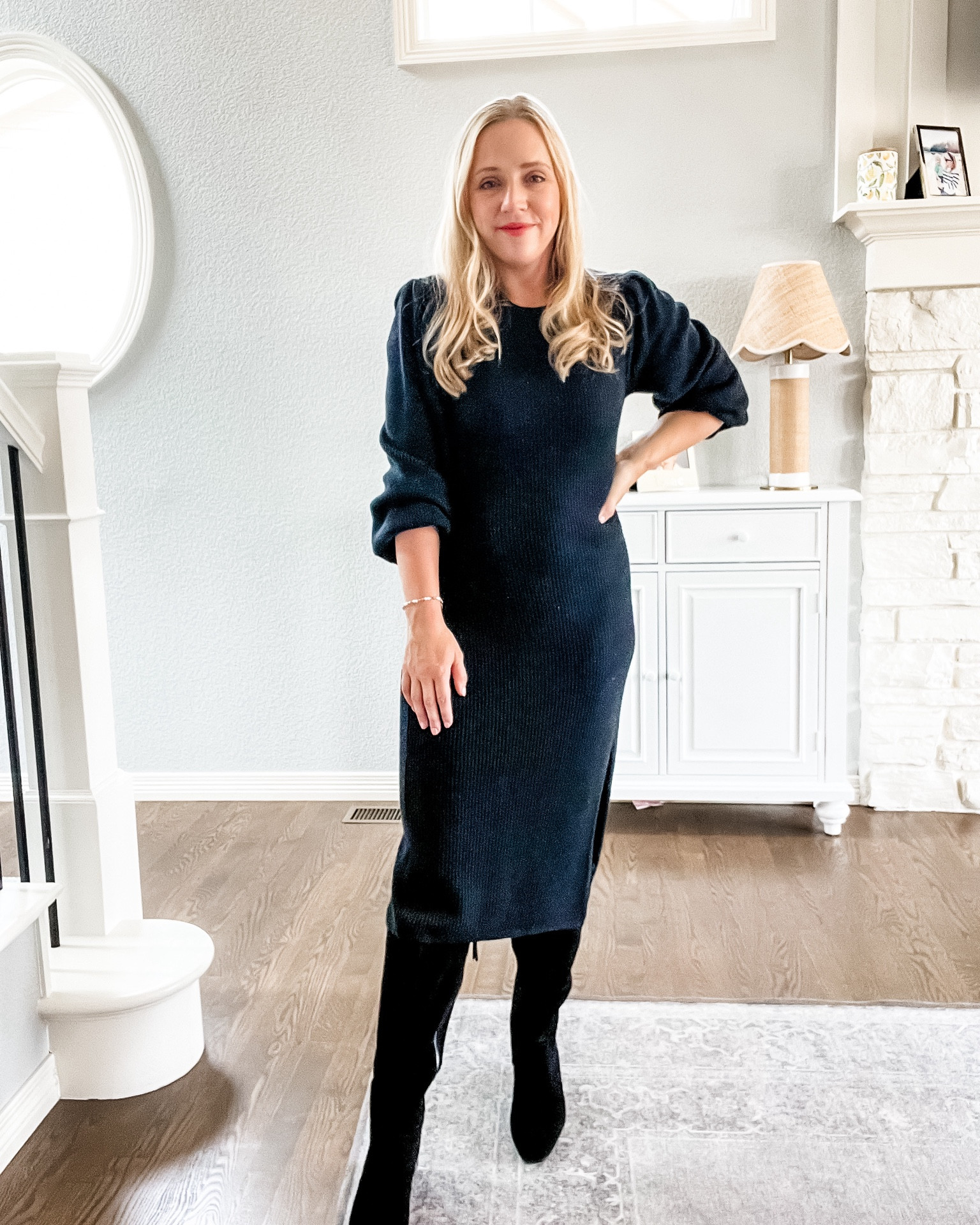 These faux suede boots come in a wide calf option which is great for girls who struggle to fit into standard size boots! Part of the Nordstrom sale. Similar sweater options.
Winter outfit, knee high boots, black boots, sweater dress, Nordstrom sale. 

#LTKxNSale