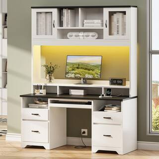 59 in. Rectangular Black White Ergonomic Computer Desk with Hutch and Power HubOffice Desk with Keyboard Tray, LED Light | The Home Depot
