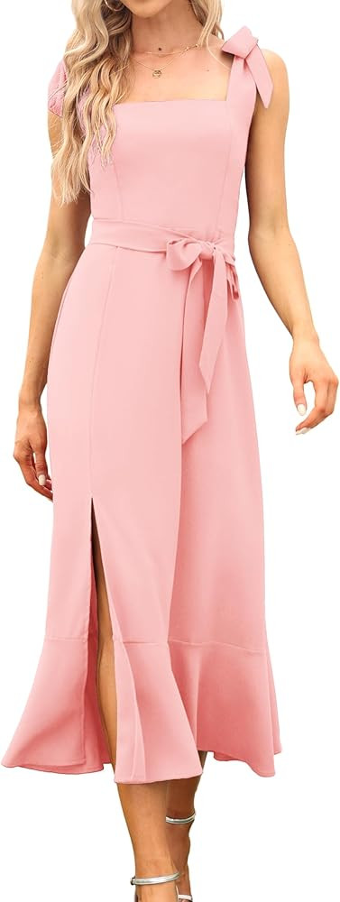 Women's Elegant Bridesmaid Dresses Square Neck Ruffle Split Midi Formal Dress for Wedding Guest C... | Amazon (US)