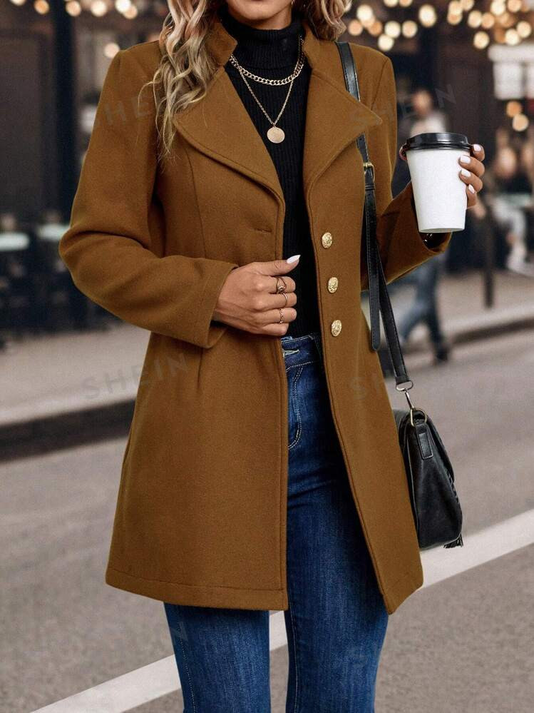 SHEIN LUNE Waterfall Collar Single Breasted Overcoat | SHEIN