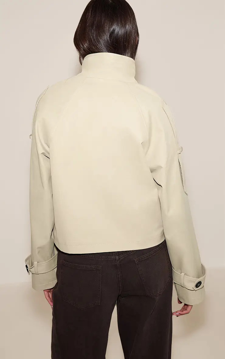 Beige Double Breasted Funnel Neck Cropped Trench Coat | PrettyLittleThing | PrettyLittleThing UK