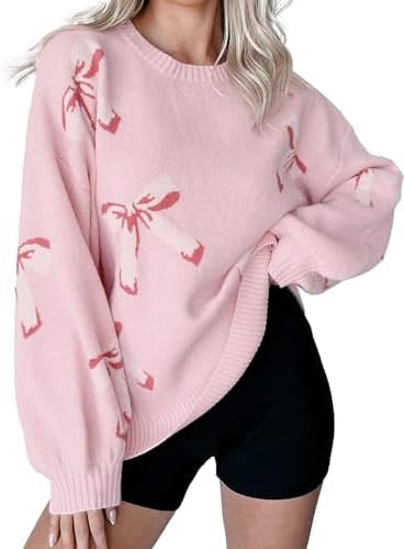 Womens Oversized Bow Sweater Cute Love Heart Print Preppy Pullover Top Chuncy Knit Long Sleeve Va... | Amazon (US)
