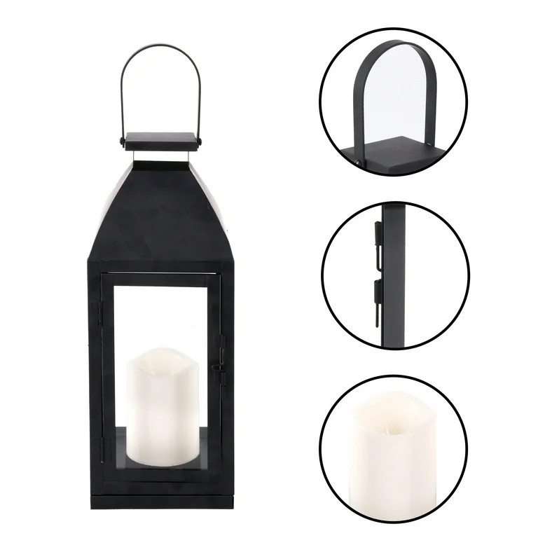 Better Homes and Gardens Battery Powered Outdoor Black Metal and Glass LED Lantern | Walmart (US)