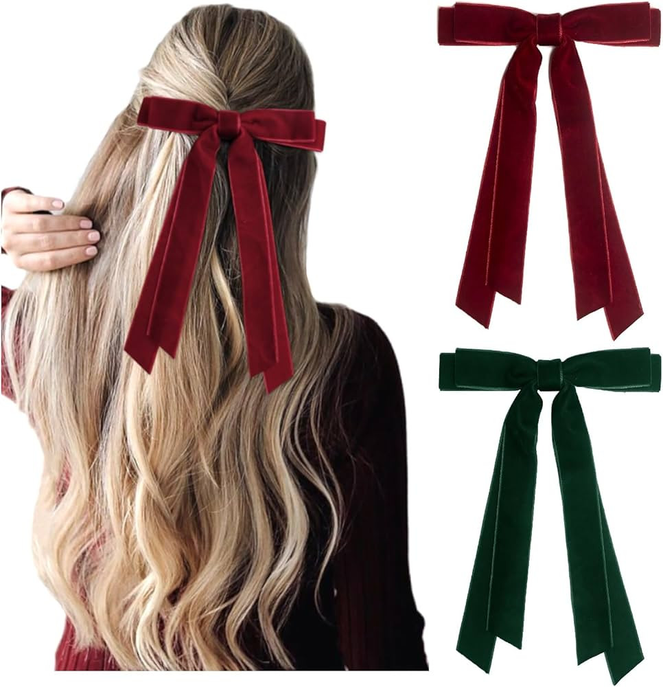 Velvet Hair Bows for Women & Girls - Red & Green Christmas Hair Accessories - Velvet Ribbon Bows ... | Amazon (US)