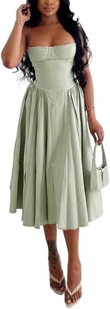 Milkmaid Dress Women Low Cut Solid Color Backless Spaghetti Strap Bodycon Big Skirt Fairy Corset ... | Amazon (US)