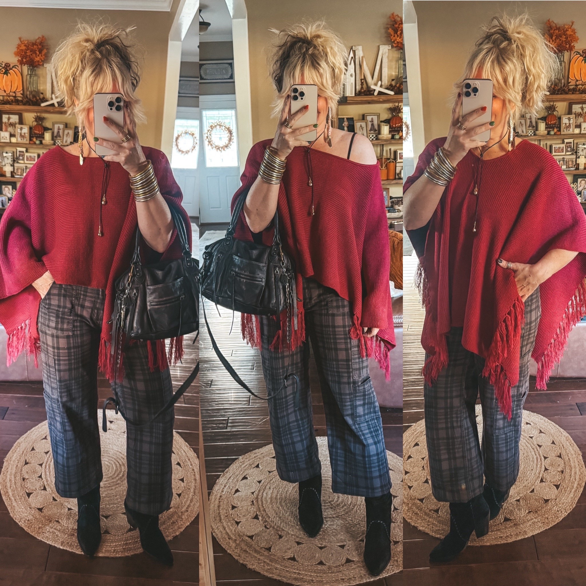 Cutest poncho and so fun to style 3 ways! I think it’s a one size 
$17 plaid pants are so good and come in more prints. I’m in a medium 
Black boots I linked in the brown but are still available in black and on sale!