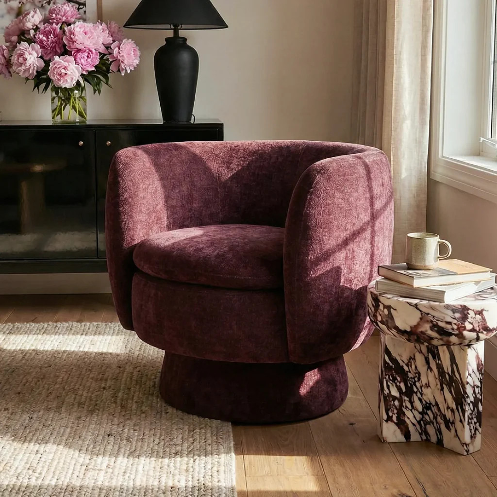 Bloom Upholstered Swivel Barrel Accent Chair (1-Piece) | Pop Maison