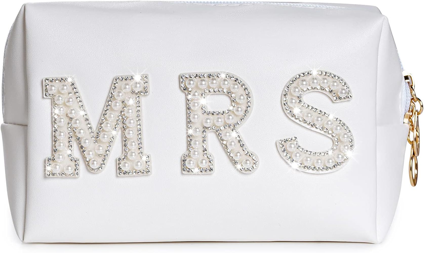 Bride Travel Makeup Bag Cosmetic PU Leather Pearl Rhinestone Letter Patches Bag Mrs Engagement Gi... | Amazon (US)