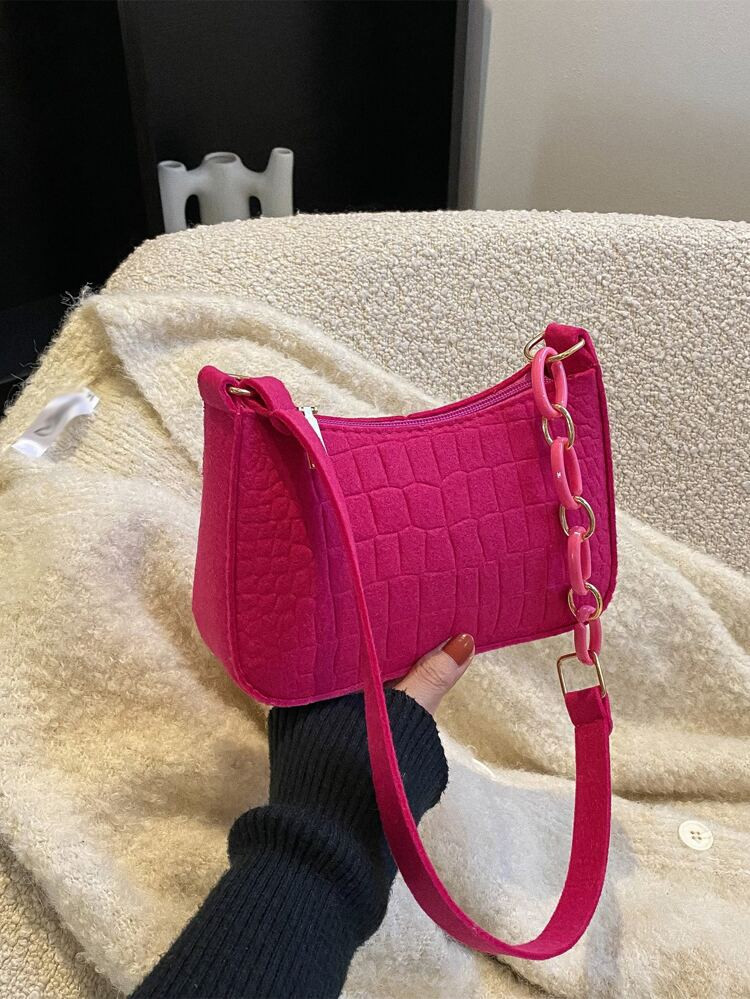 Crocodile Embossed Chain Baguette Bag | SHEIN