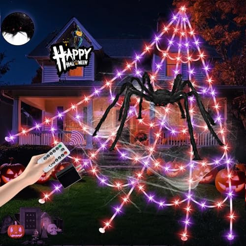 Halloween Spider Web Lights 550 LED Lighted Spider Web 16.4Ft Giant Halloween Decorations Light up with 8 Lighting Modes Waterproof & Timer for Indoor Outdoor House Haunted Yard Decor, Orange & Purple | Amazon (US)