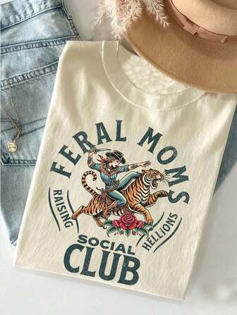 INAWLY Feral Moms Social Club Vintage Graphic-Shirt – Women's Casual Round Neck Short Sleeve Tee, Retro Tiger Print, Comfortable Mom Life Shirt, Chic Summer Fashion Top-New-Arrival | SHEIN