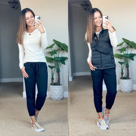 Fall activewear outfit | lightweight puffer vest xs | long sleeve top xs | sneakers - go up a 1/2 size | my favorite cropped  joggers xs, perfect for petites | slim fit long and lean tanks xs come in a 2 pack | denim shorts 25. 


#LTKstyletip #LTKfit #LTKunder50