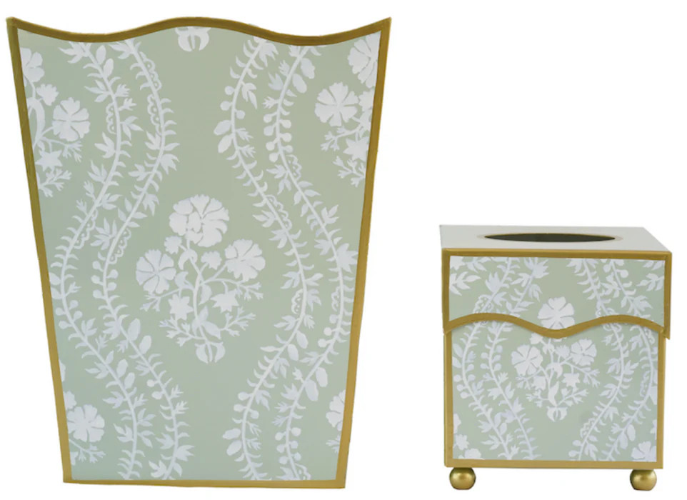 Sage Green Floral Trellis Wastebasket & Tissue Holder Set | The Well Appointed House, LLC