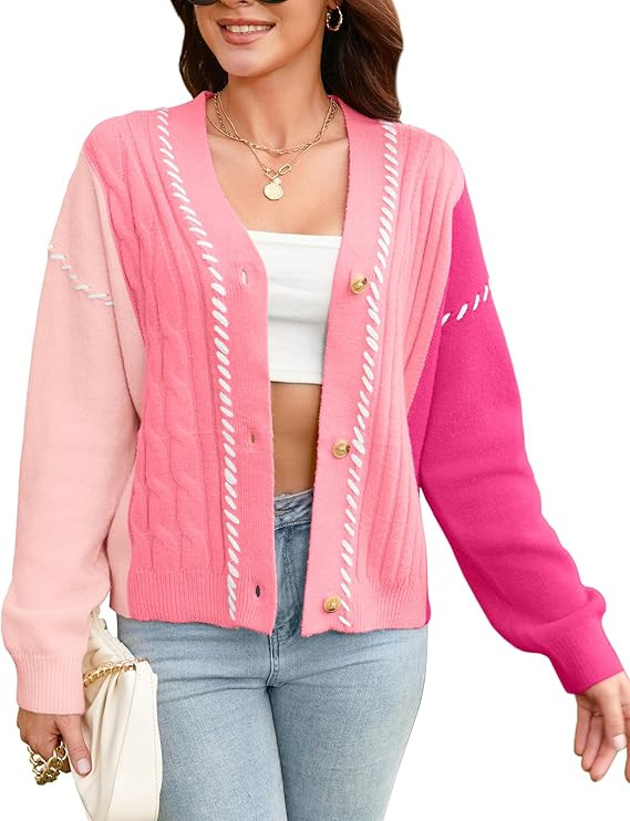 V FOR CITY Women's Cable Knit Cardigan Sweater Long Sleeve Open Front Chunky Cropped Cardigan Col... | Amazon (US)