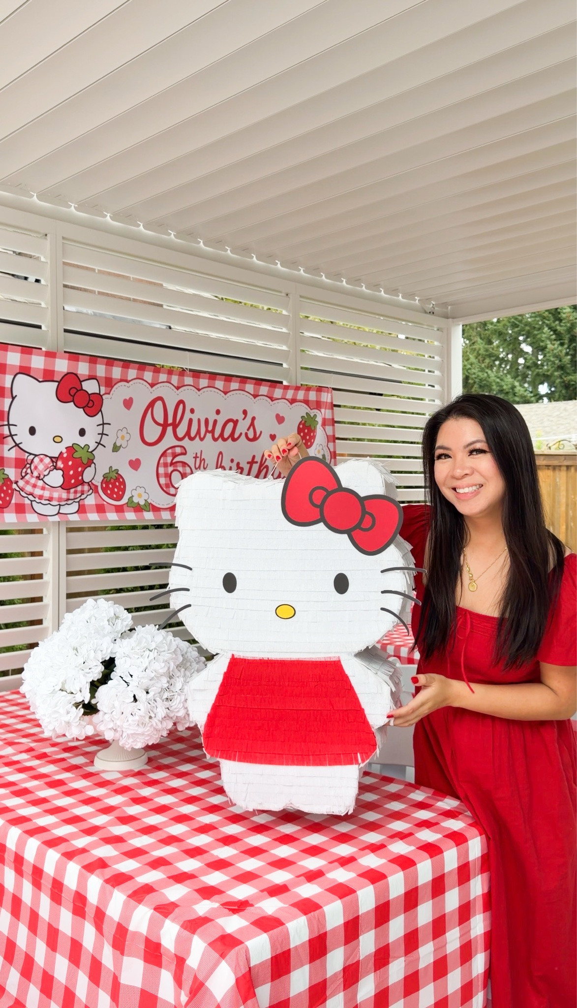 DIY Hello Kitty Piñata! ❤️🍓

storage box, glue sticks, primer spray, scotch tape, Cricut Cardstock, streamer rolls, zip ties, hot knife, cardboard cutter, Cricut, tablecloth, red and pink balloons, chairs, urn vase and red dress, strawberry theme birthday party decorations

#LTKsummer #LTKhome #LTKkids