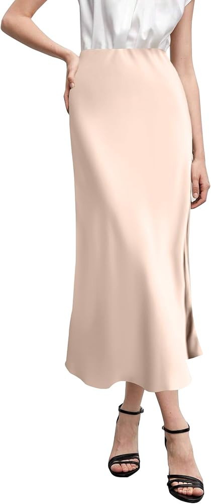 HOTOUCH Midi Skirts for Women High Waist Silk Stain Casual A Line Zipper Skirt,XS-XL | Amazon (US)