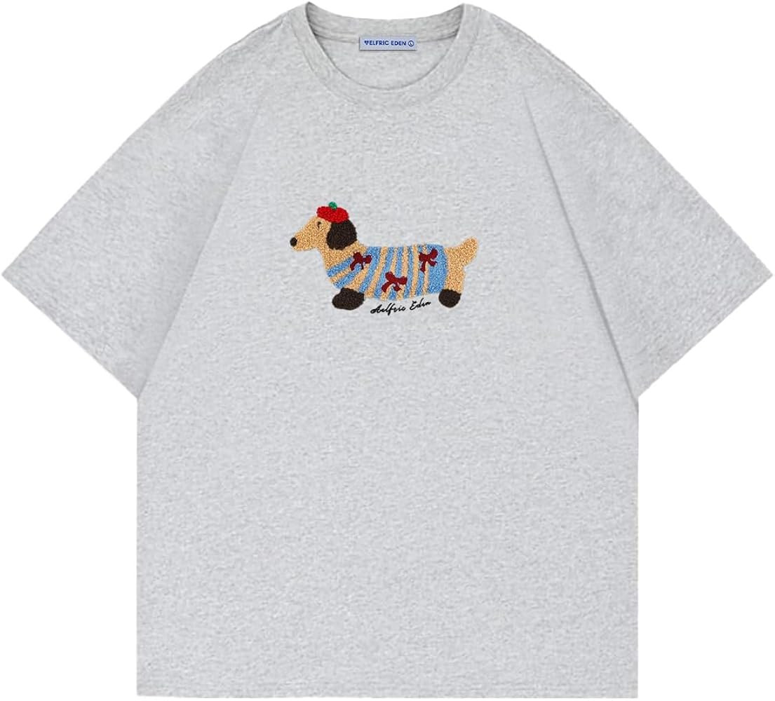 Aelfric Eden Mens Oversized Graphic Tees Dog Embroidery Casual Women Tshirts Short Sleeve Top Cot... | Amazon (US)