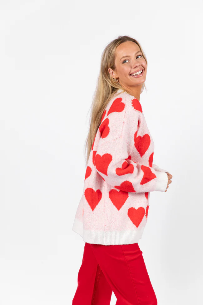 Falling For You Ivory and Red Oversized Pearl Embellished Heart Sweater | Pink Lily