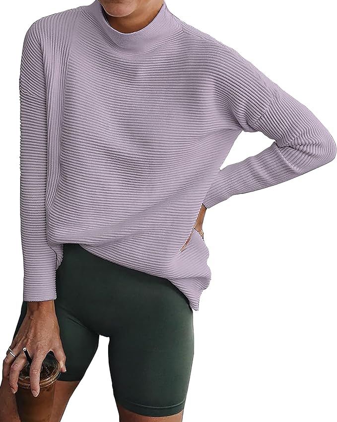 BTFBM Women Cozy Long Sleeve Mock Neck Fashion Sweaters Soft Solid Color Ribbed Knit Casual Fall ... | Amazon (US)