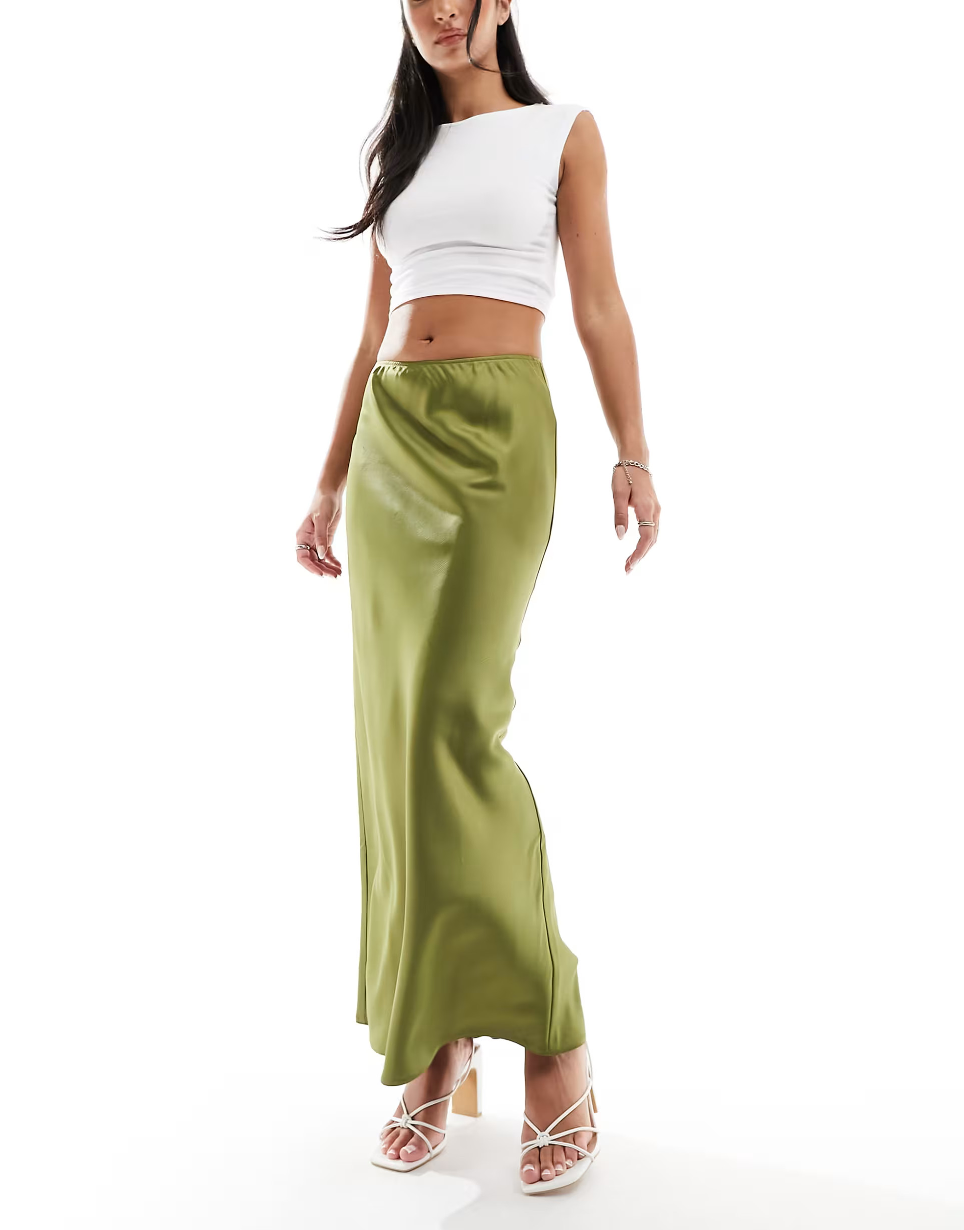 ASOS DESIGN satin bias maxi skirt in olive | ASOS | ASOS (Global)