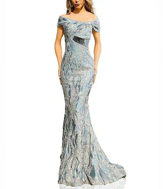 Asymmetrical Neck Bow Detail Jacquard Mermaid Gown | Dillard's