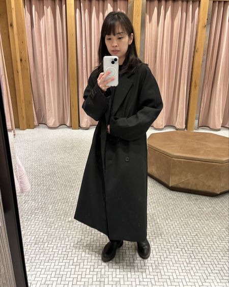 Aritzia babaton slouch coat in the re(essential) fabric, which is lightweight and not built for warmth like the wool versions. This is a size XS, which seems to fit well at the arms but is very long on my petite 5’2” frame.

#LTKstyletip #LTKSeasonal