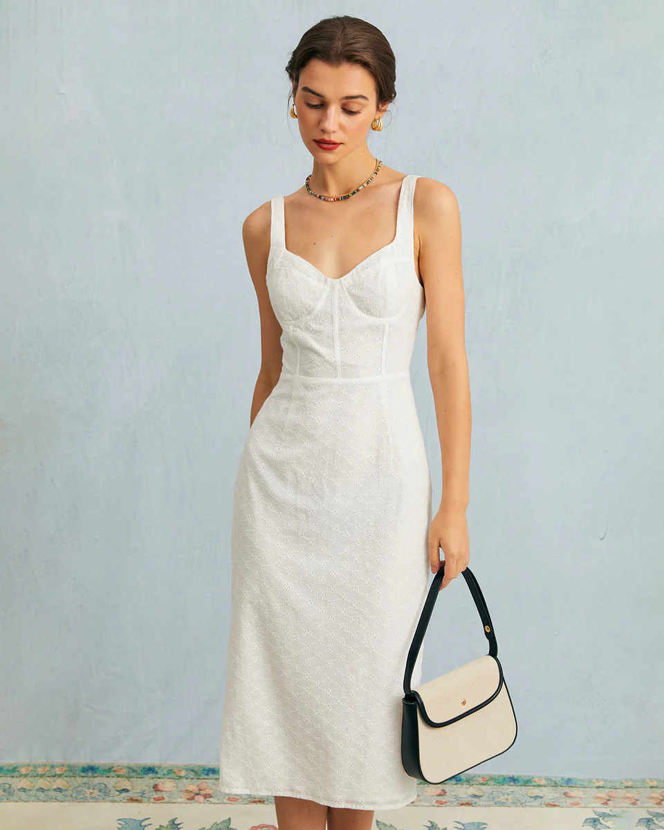 The White Sweetheart Neck Embroidery Midi Dress - White Sleeveless Backless Midi Dress - White - ... | rihoas.com