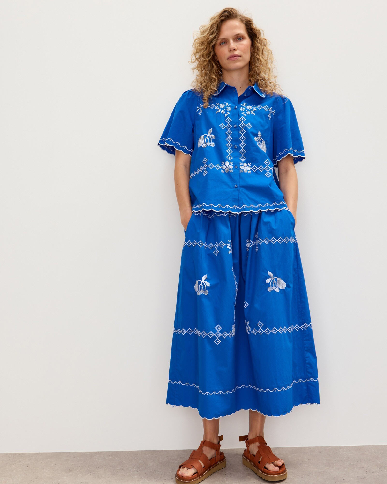 Cobalt Blue Cross Stitch Cotton Midi Skirt | Oliver Bonas | Oliver Bonas (Global)