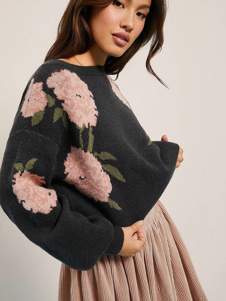 WESTFADE Country Western Floral Intarsia Boat Neck Long Sleeve Knit Sweater Casual Cute Back To S... | SHEIN
