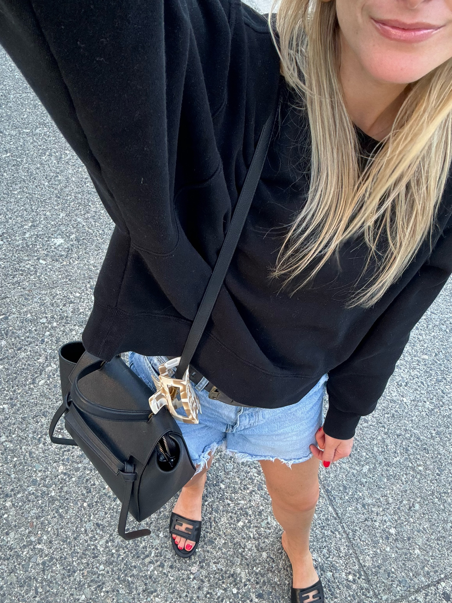 Sweatshirt and shorts, fendi slides, boxy cropped sweatshirt, Celine belt bag