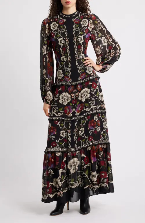 FARM Rio Rococo Floral Long Sleeve Tiered Maxi Dress in Black at Nordstrom, Size Medium | Nordstrom