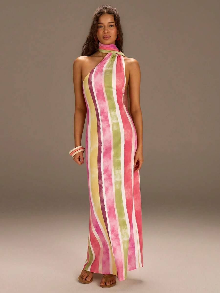 Athîral Women's Pink Stripe Summer Boho Beach Colorful Striped Print Halter Neck Sleeveless Casu... | SHEIN
