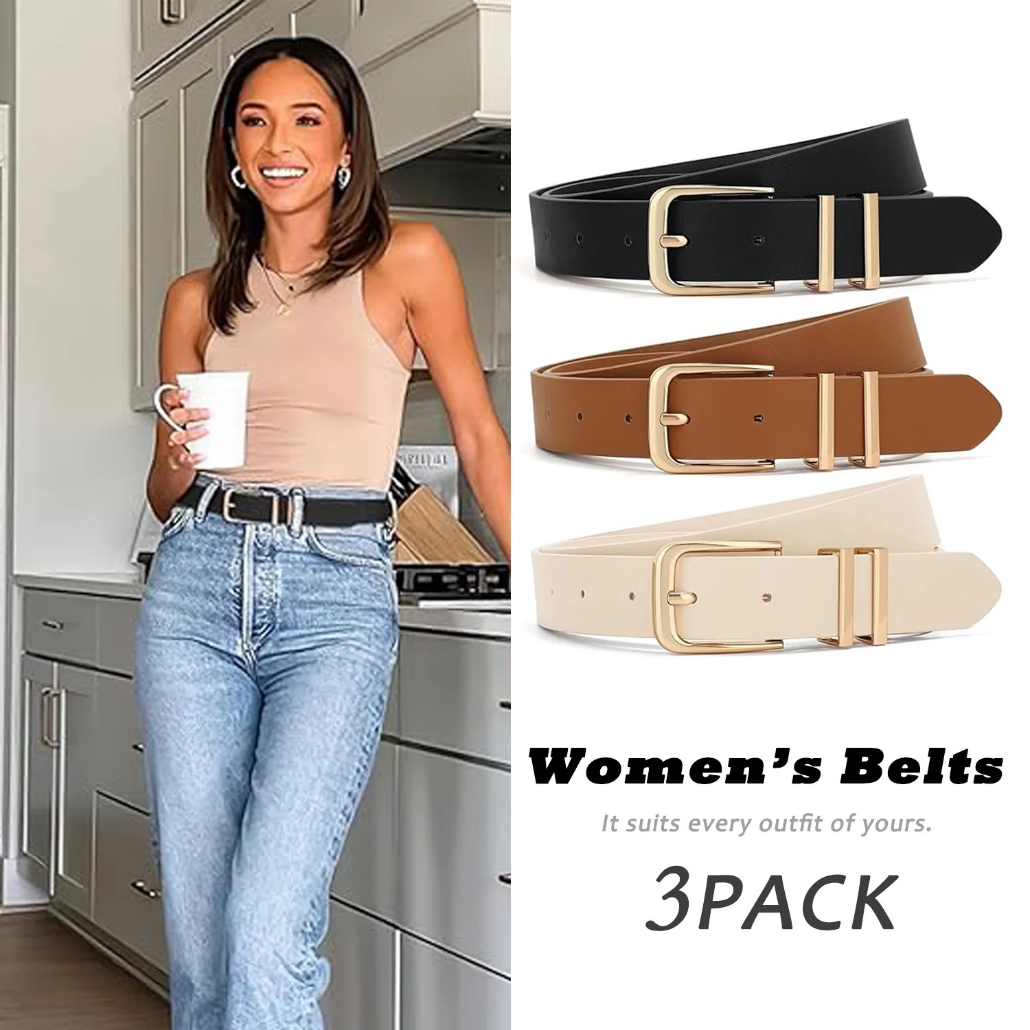 REDESS Belts for Women with Fashion Gold Buckle Leather Belts for Jeans Pants Dress,3 Pack | Walmart (US)