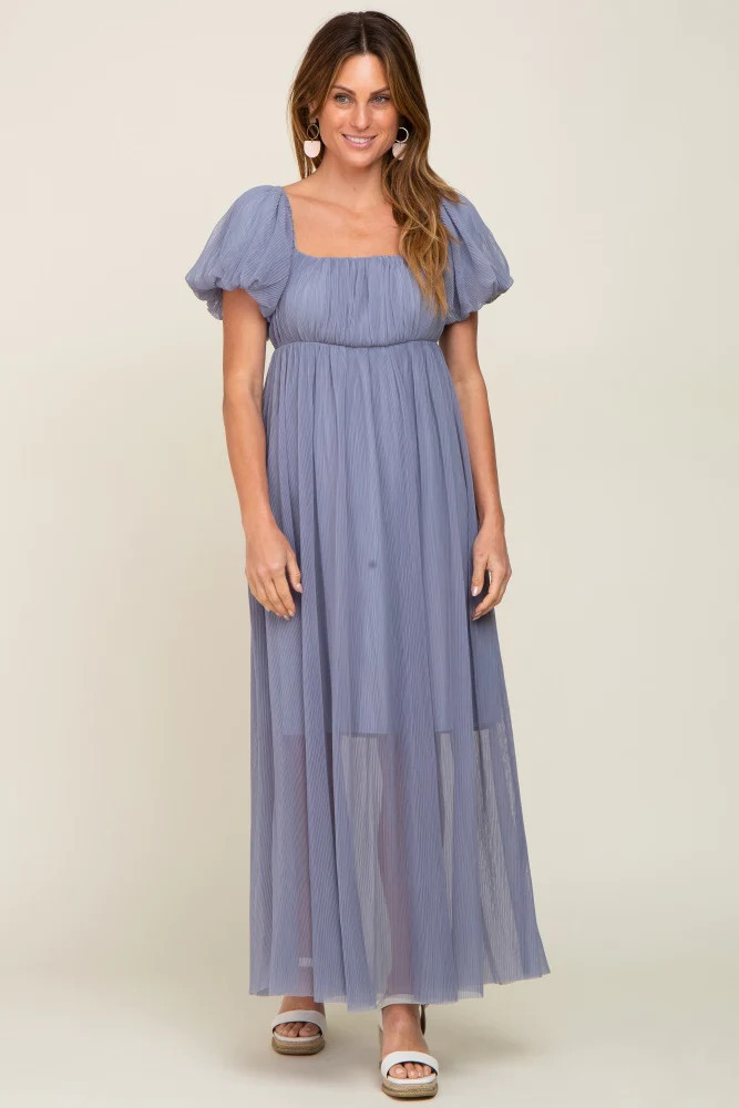 Blue Grey Pleated Puff Sleeve Matenrity Maxi Dress | PinkBlush Maternity