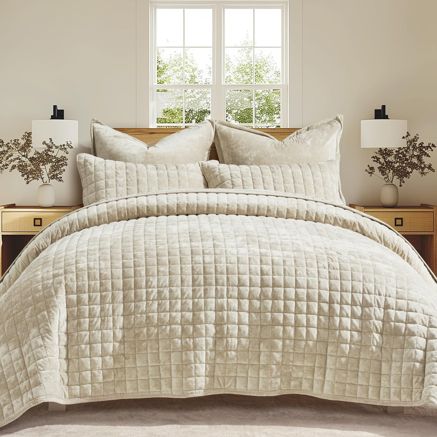 RECYCO Luxury Velvet Quilt Set, Oversized California King 118"x106", Beige | Amazon (US)