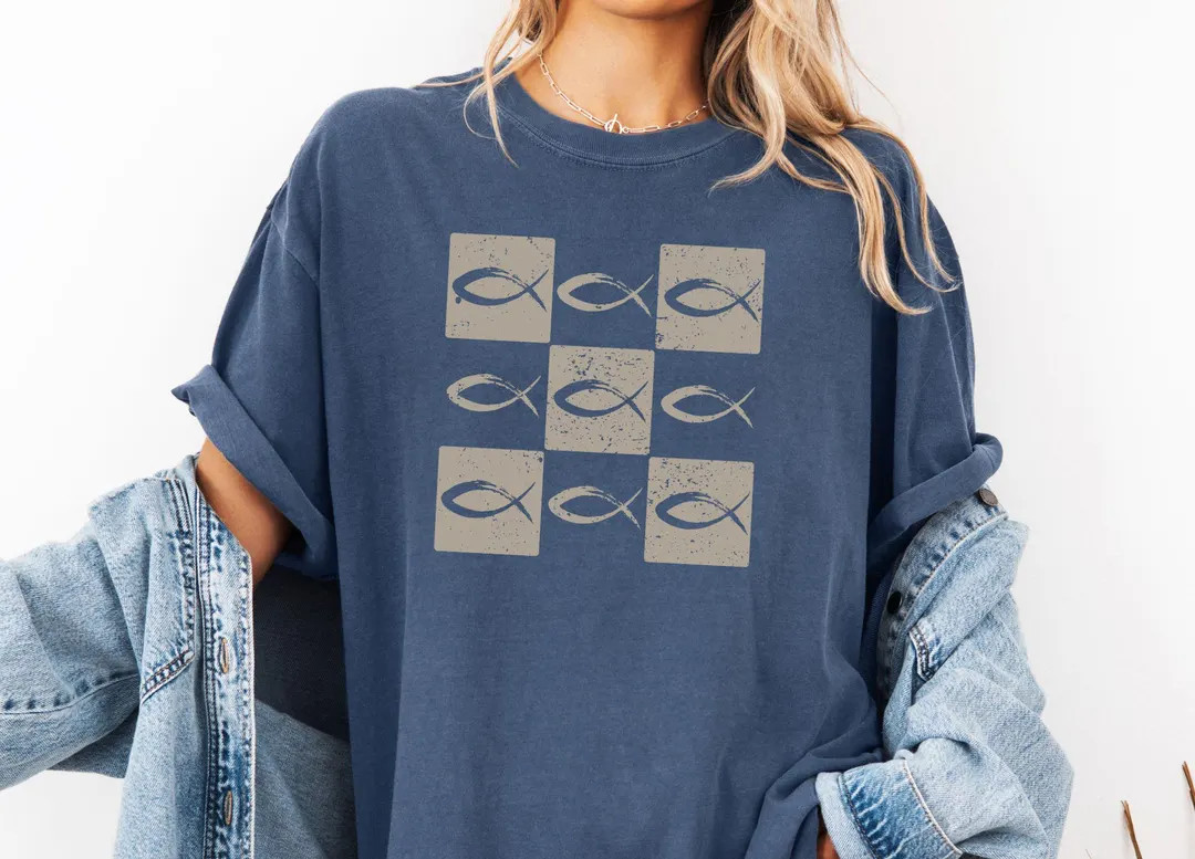 Comfort Colors Checkered Christian Fish T-shirt Retro Jesus Shirt Boho Catholic T-shirt Gift for ... | Etsy (US)