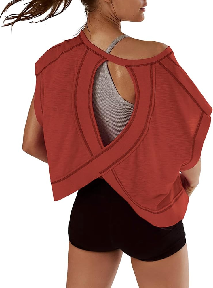 Women Short Sleeve Workout Shirts Open Back Tops Casual Yoga Y2k Athletic Gym Slouchy Crop Runnin... | Amazon (US)