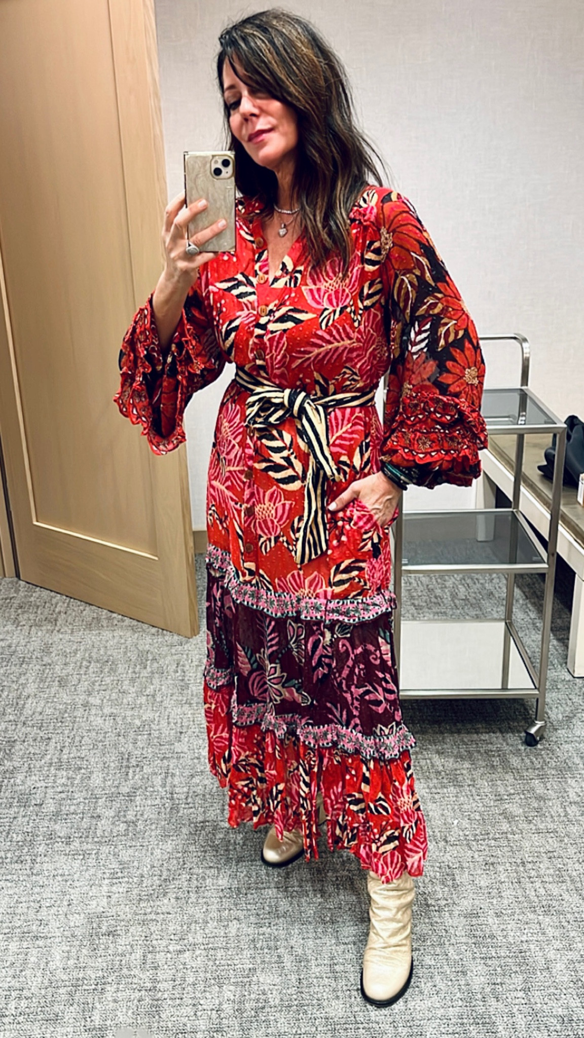 Perfect fall dress for a fun happy event!! And it has pockets! The sleeves are very long so o just pulled up the elastic sleeve to give it a little flounce! TTS I’m wearing medium but could also wear the small… I wanted it a little longer so went with medium.  Wearing to a rehearsal dinner ❤️

#LTKover40 #LTKmidsize #LTKparties