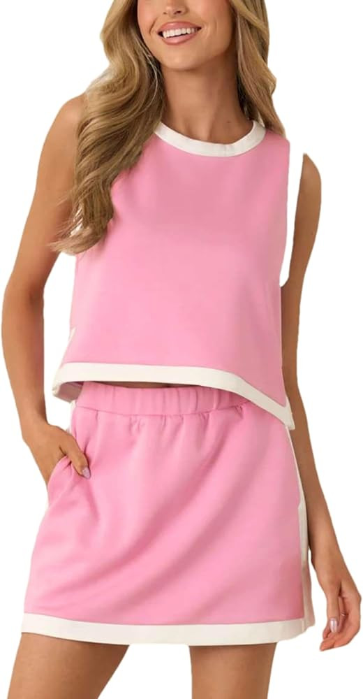 Mingzhu Womens Summer 2 Piece Skort Set Color Blocked Sleeveless Tank Top Elastic Waist Skirt Cas... | Amazon (US)