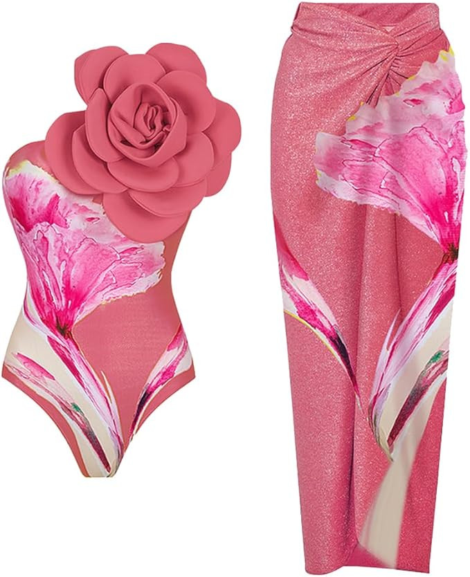 IDOPIP Women's One Piece Swimsuit with Beach Cover up Wrap Skirt Sarong Retro Floral Print Bikini... | Amazon (US)