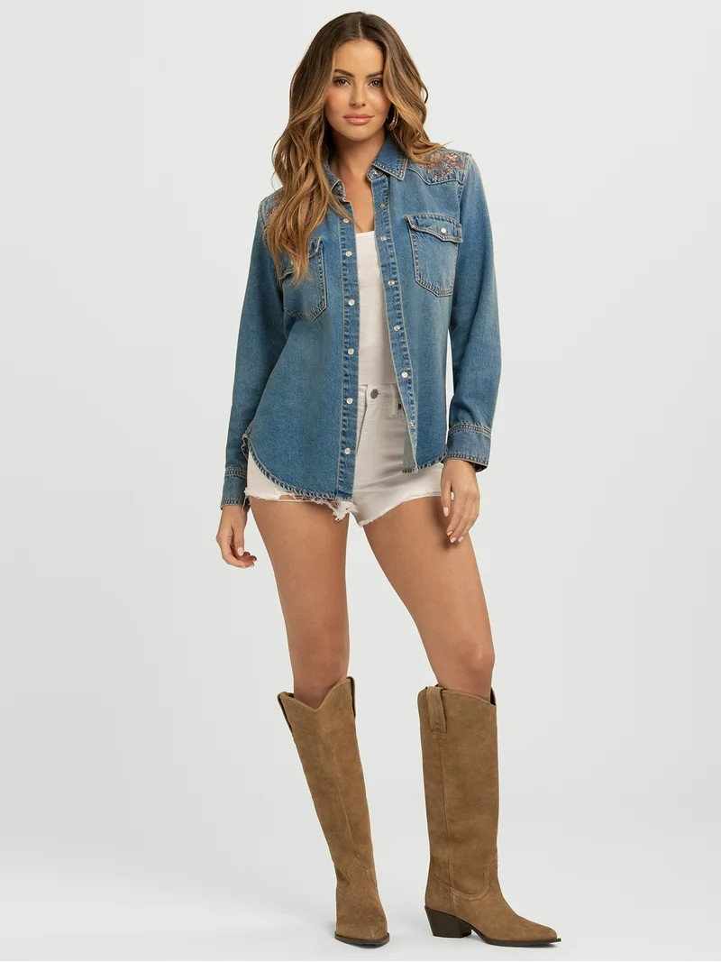 Jessica Simpson Women's Relaxed Denim Shirt with Long Sleeves, Sizes XS-XL | Walmart (US)