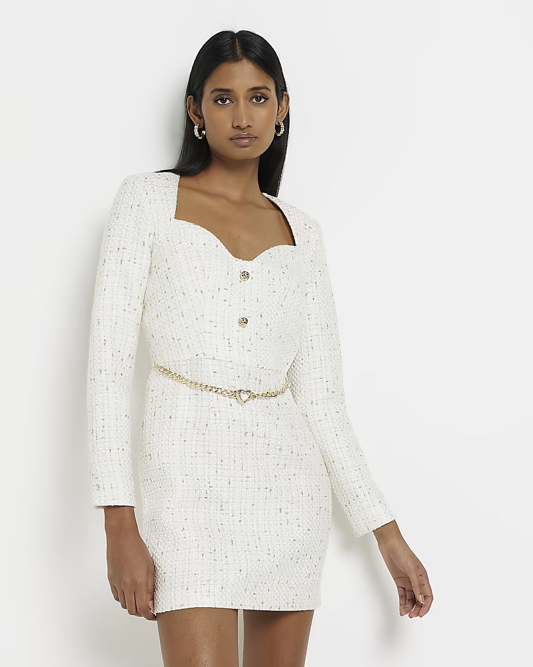 Cream boucle long sleeve mini dress | River Island (UK & IE)