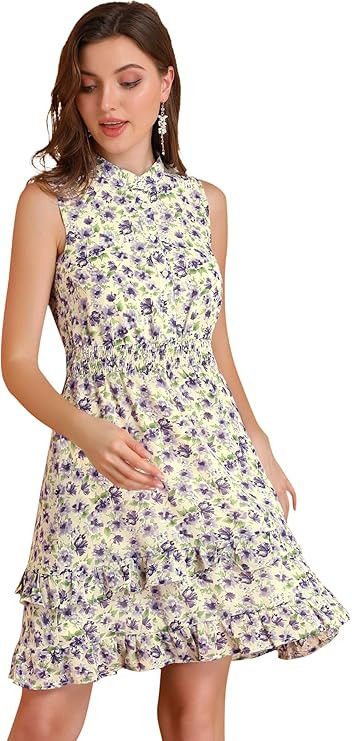 Allegra K Women's Mini Smocked Dresses Sleeveless A-Line Chiffon Floral Dress | Amazon (US)