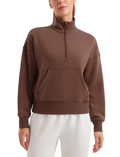 CRZ YOGA SoftAura Half Zip Sweatshirt for Women Long Sleeve Pullover Workout Casual Funnel Neck Tops with Pocket Coffee Brown X-Small | Amazon (US)